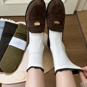 Women green mid-calf socks spring retro lace-up ruffles slouch socks for cute loafers