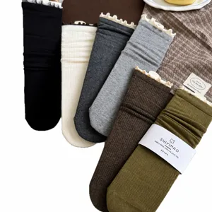 Women mid-calf ruffle socks spring autumn cotton knit stackable cute casual fashion hosiery
