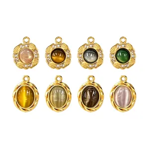French Vintage Cat Eye Stone Pendants Stainless Steel Charms For DIY Necklace Rhinestone Flower Leaf Jewelry Making Accessories