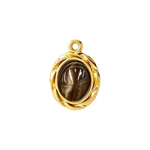 French vintage tiger eye gemstone cat eye pendant oval stainless steel DIY necklace jewelry