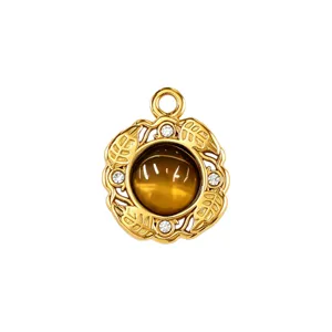 French vintage tiger eye gemstone pendant gold plated leaf crystal diy necklace jewelry accessory