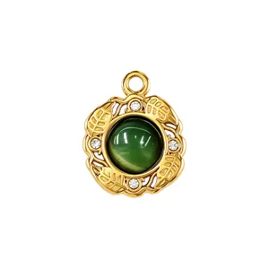 French retro green cat eye stone pendant stainless steel diy necklace jewelry accessory main view