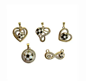 Stainless steel soccer heart pendant rhinestone gold DIY jewelry charm accessory detail view