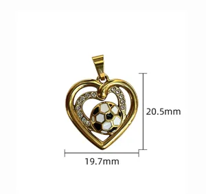 Stainless steel football heart pendant with rhinestones and enamel, 20.5x19.7mm DIY jewelry accessory.