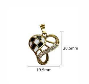Stainless steel geometric heart pendant with black white checkerboard and rhinestones.