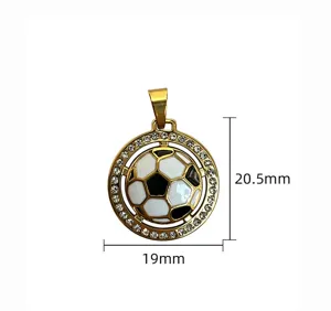 Stainless steel soccer pendant detail showing 20.5mm height and 19mm width with clear rhinestones.