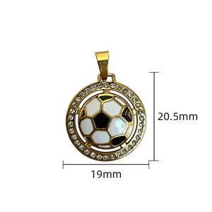 Stainless steel football pendant with rhinestones, gold geometric DIY necklace jewelry accessory.