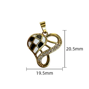 Stainless steel heart pendant with black white enamel and rhinestone for DIY necklace bracelet