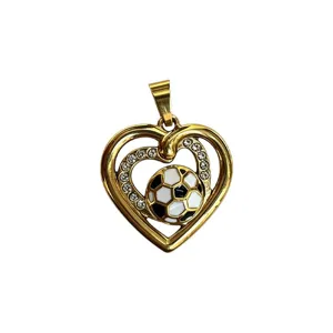 Gold stainless steel football heart pendant with rhinestones for DIY necklace jewelry making.