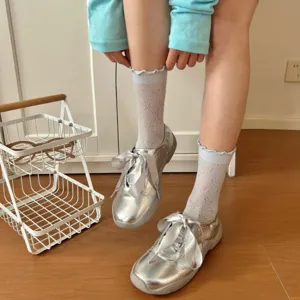 Sweet ruffled mid-calf socks for women, breathable hollow-out mesh design with cute bows, summer.