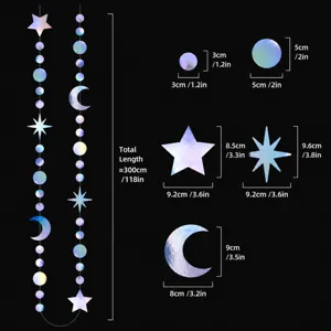 Holographic star and moon garland party hanging banner size chart specification details.