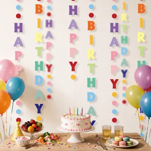 Colorful happy birthday hanging letter garland detail for kids party decoration backdrop.