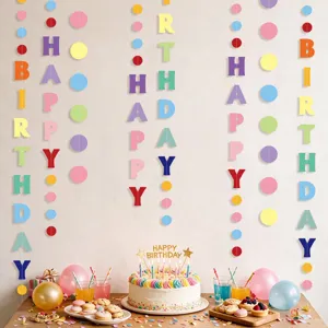 Colorful happy birthday letter banner and dot garland scene detail for party decoration backdrop.