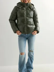Shiny hooded puffer jacket detail, winter casual fashion wear, warm outer layer design.