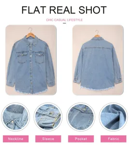 Women's oversized light blue denim jacket casual long sleeve distressed shirt with pockets