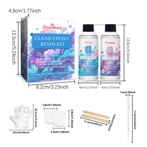 Epoxy resin kit component dimensions showing clear bottles, cups, and tools for crafting.