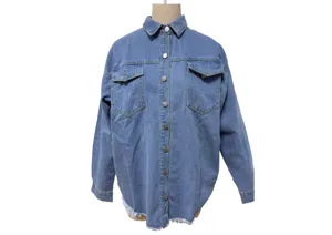 Details of womens casual long sleeve denim shirt jacket with chest pockets and raw hem.