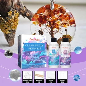 Dowmoo DIY clear epoxy resin kit with hardener, measuring cups and tools for art crafts.