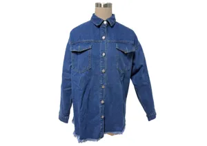 Women's blue denim shirt detail, long sleeves, front pockets, white buttons and frayed hem.