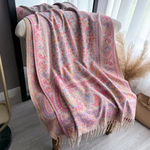 Sciarpa con nappe jacquard fantasia paisley etnica da donna, elegante scialle lungo primaverile.