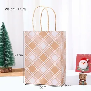 Kraft paper gift bag with white plaid pattern, Christmas party shopping paper bag with handles.