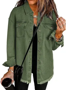 Women army green denim jacket detail, long sleeve lapel button down shirt, fringed hem outerwear