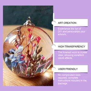 DIY crystal epoxy resin sphere pendant with dried flowers, clear handmade craft ornament.