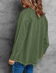 Back view detail of women army green oversized denim jacket with frayed hem and long sleeves.