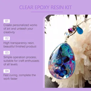 Clear epoxy resin kit detail featuring transparent teardrop pendant with butterfly and glitter.