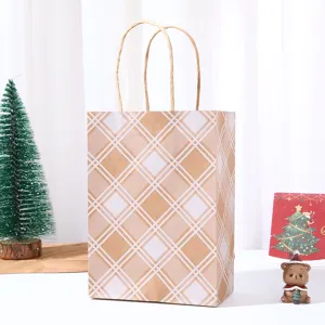 Christmas kraft paper gift bag with white plaid pattern and twisted handles for holiday party.