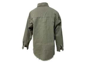 Detail view of the back of an oversized women's military green denim jacket, casual long sleeves.