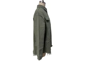 Women's oversized denim jacket long sleeve casual shirt side view detailed garment display.