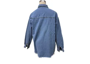 Detailed back view of blue denim jacket showcasing raw fringe hem and structured seam lines.