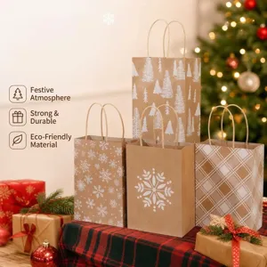 Christmas Kraft Paper Gift Bags Festive Party Printed Candy Packaging Tote Bags for Holiday Celebration Present Packing