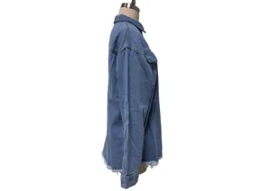 Side detail view of the casual long sleeve denim jacket showing distressed hem and lapel collar.