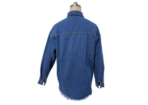 Women's oversized denim jacket back view, long sleeves, back yoke and frayed raw hem.