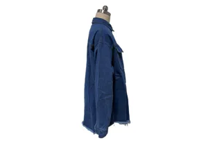 Oversized denim jacket detail side view, raw hem blue casual long sleeve denim shirt for women