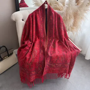 Sciarpa scialle lunga con frange rossa jacquard paisley etnica da donna moda primavera