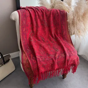 Scialle con frange jacquard cachemire rosso, sciarpa lunga etnica da donna primavera autunno.