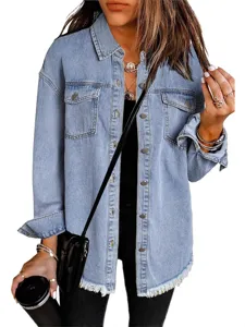Women's Casual Long Sleeve Oversized Denim Jacket Distressed Button Down Vintage Frayed Hem Jean Outerwear