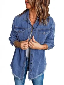 Oversized blue denim jacket for women, casual long sleeve frayed hem vintage outerwear top.