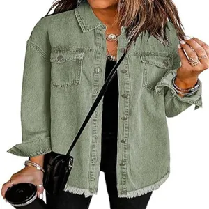 Women oversized green denim jacket casual long sleeve distressed jean shirt for spring wear.