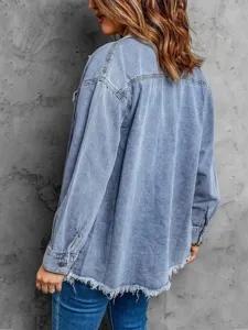 Women's Oversized Distressed Denim Jacket Casual Long Sleeve Button Down Shirt Blue Top