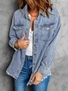 Women's light wash distressed oversized long sleeve denim jacket casual button down shirt top