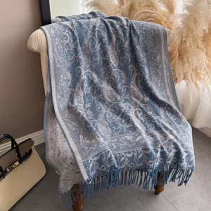 Elegante sciarpa scialle lunga con frange jacquard paisley da donna, morbido stile boho.
