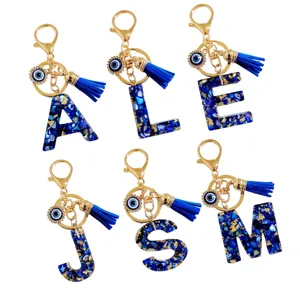 Royal Blue Resin 26 Alphabet Keychain Gold Foil Letter Keyring With Evil Eye And Tassel Bag Charm Fashion Accessories Gift
