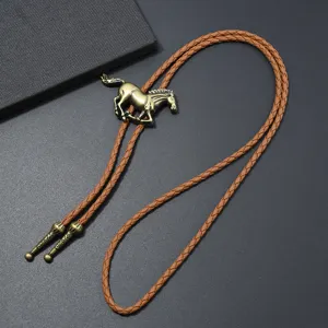 Cravatta Bolo Vintage Western Cowboy Ciondolo Cavallo in Lega Collana di Cuoio Moda