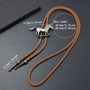 Cravatta Bolo Western Vintage da Cowboy con Ciondolo Cavallo in Argento e Corda di Pelle