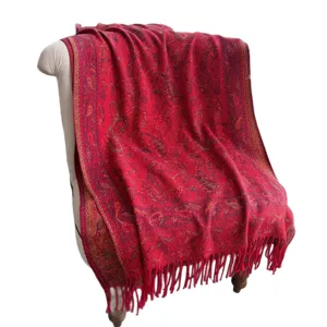 Scialle con nappe jacquard cachemire rosso, sciarpa lunga stile etnico per donne.