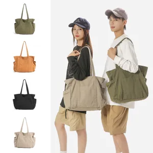 Vintage πλυμένη τσάντα shopper από καμβά με πολλές τσέπες, casual τσάντα ώμου.